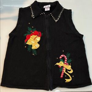 Vintage Blair Black ChristmasVest with Festive Embroidery poinsettia candy cane